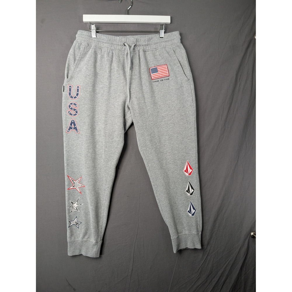 Volcom Mens USA Flag Graphic Sweatpants Gray Large Joggers Americana‎ 2019